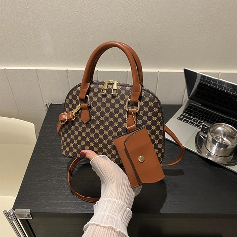 Damen Retro Muschel Umhängetasche PU Leder Mit Geometrie Druck Handtasche Mit Mini Münztasche Goldene Hardware Tote Bag