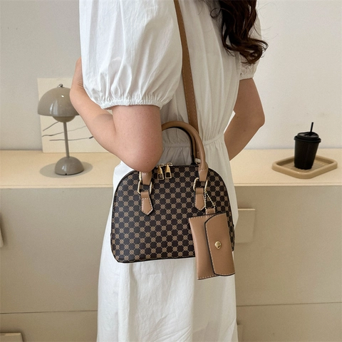 Damen Retro Muschel Umhängetasche PU Leder Mit Geometrie Druck Handtasche Mit Mini Münztasche Goldene Hardware Tote Bag