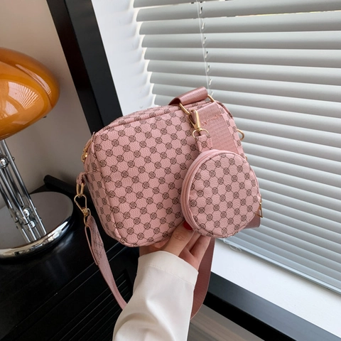 Bolso de Hombro de Moda para Mujer en Cuero PU con Estampado de Monograma Bolso Bandolera Casual Dos En Uno Bolso Cuadrado Pequeño