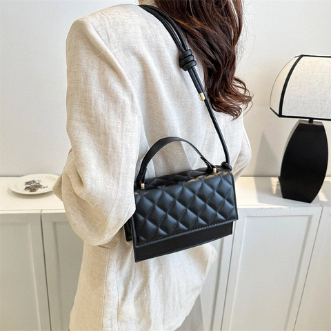 Women Quilted Rhombus PU Leather Shoulder Bag Fashion Crossbody Handbag With Knot Strap Solid Color Square Purse