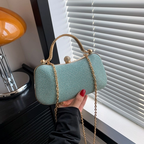Elegante Borsa da Sera in PU con Brillantini Donna Con Manico in Metallo Chiusura in Strass Catena Oro per Matrimonio Festa