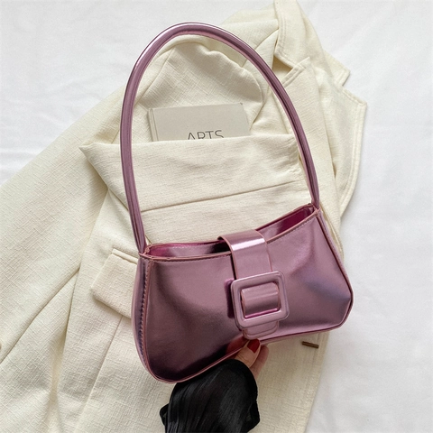 Women Fashion Metallic PU Leather Underarm Bag Vintage Square Buckle Shoulder Baguette Bag Solid Color Small Crossbody Handbag
