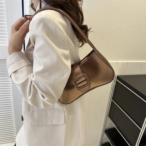 Women Fashion Metallic PU Leather Underarm Bag Vintage Square Buckle Shoulder Baguette Bag Solid Color Small Crossbody Handbag