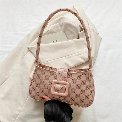 Vintage Schachbrett Monogramm Unterarmtasche Mode PU Leder Kleine Quadratische Umhängetasche Mit Großer Schnalle Für Damen