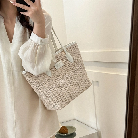 Sac Cabas en Paille Tissée Été pour Femmes Poignée en Cuir Synthétique Contraste Grande Capacité Sac à Épaule Main
