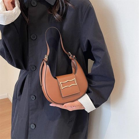 Minimalistische PU-Leder Hobo-Tasche Für Damen Einfarbige Schultertasche Mit Metallschnalle Vintage Mode Tasche