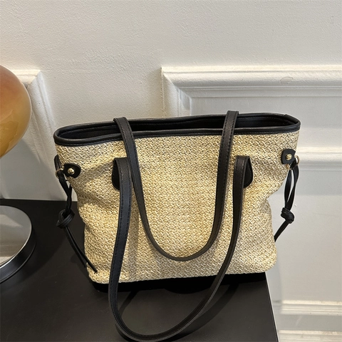 Grand Sac Cabas en Paille Tissé pour Femmes Sac à Épaule Décontracté de Plage d'Été Avec Bordure en Cuir PU Et Fermeture Éclair