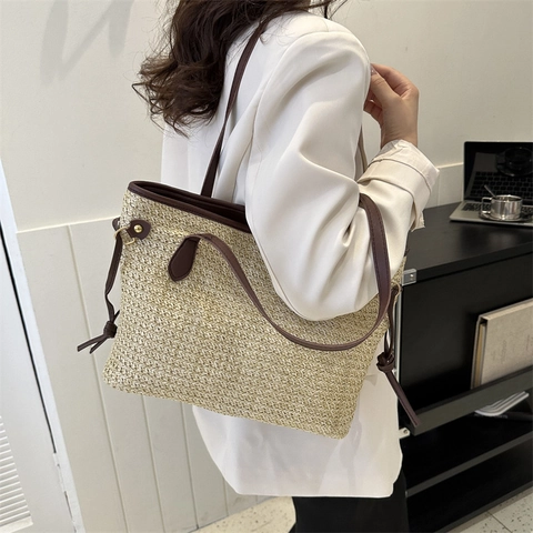 Grand Sac Cabas en Paille Tissé pour Femmes Sac à Épaule Décontracté de Plage d'Été Avec Bordure en Cuir PU Et Fermeture Éclair
