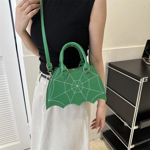 Women Gothic Bat Wing Shape PU Leather Crossbody Bag Spider Web Pattern Novelty Handbag Funny Halloween Party Purse