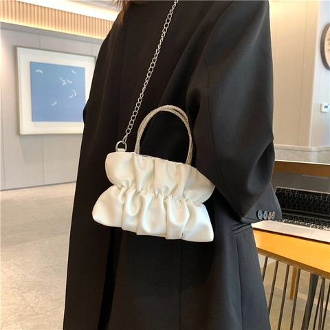 Sac Nuage Plissé pour Femmes Poignée en Strass Chaîne en Métal Sac à Bandoulière Élégant en PU Soirée Mode