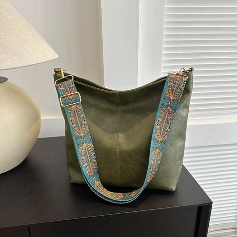 Vintage Grote Capaciteit PU Leer Tote Bag Voor Vrouwen Met Brede Etnische Stijl Borduurwerk Schouderriem Casual Tas