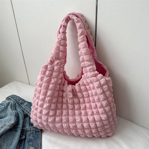 Borsa Tote da Donna alla Moda con Texture a Bolle Plissettata Grande Capacità Borsa a Spalla in Nylon Casual Sottobraccio