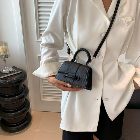 Women Mini PU Leather Shoulder Bag Litchi Texture Trapezoid Top Handle Crossbody Bag Simple Small Square Bag For Daily Work