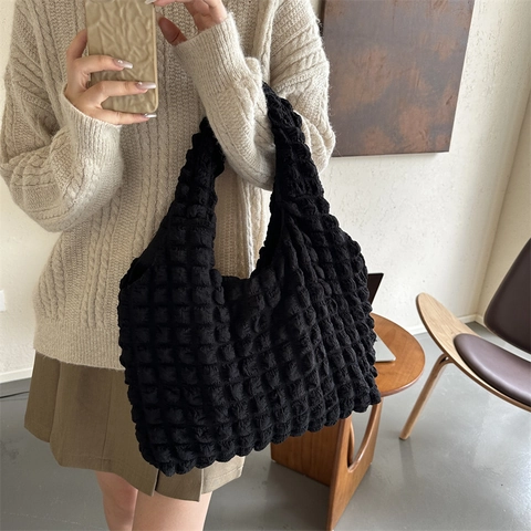 Borsa Tote da Donna alla Moda con Texture a Bolle Plissettata Grande Capacità Borsa a Spalla in Nylon Casual Sottobraccio
