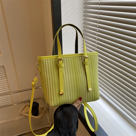 Women Minimalist Vertical Stripe PU Leather Bucket Bag Chic Casual Fashion Shoulder Crossbody Bag Adjustable Strap Handbag