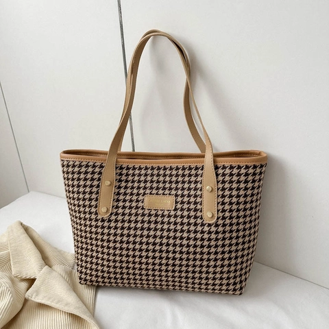 Vintage Houndstooth Grote Capaciteit Tote Bag Voor Vrouwen Nylon Stof Met Synthetisch Leren Riem Casual Commuter Schoudertas