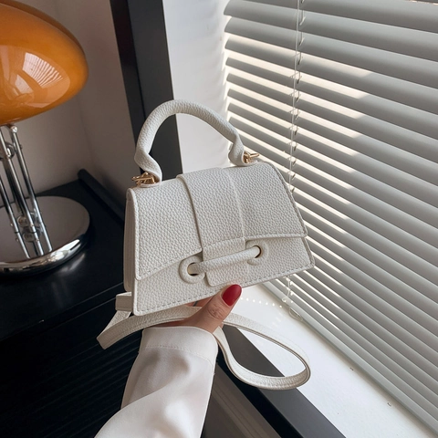 Borsa a Mano da Donna in Pelle PU con Motivo Lychee Borsa a Tracolla Quadrata Piccola Trapezoidale per Shopping Quotidiano