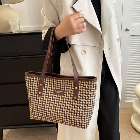 Vintage Houndstooth Grote Capaciteit Tote Bag Voor Vrouwen Nylon Stof Met Synthetisch Leren Riem Casual Commuter Schoudertas