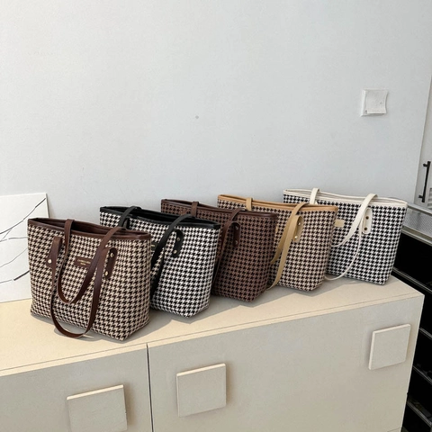 Vintage Hahnentritt Tote Bag Große Kapazität Stoff Leinwand Schultertasche Mit Ledergriffen Nieten Dekor Damen Handtasche