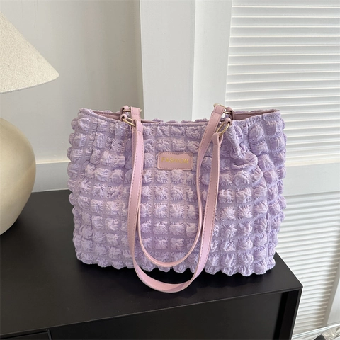 Bolso Tote con Textura de Burbuja de Palomitas Gran Capacidad Bolso de Hombro de Nailon para Mujer Color Sólido Casual Estilo Coreano