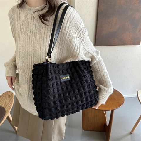 Bolso Tote con Textura de Burbuja de Palomitas Gran Capacidad Bolso de Hombro de Nailon para Mujer Color Sólido Casual Estilo Coreano