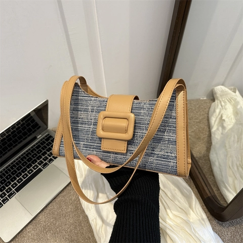 Borsa a Spalla da Donna Retro in Pelle PU Con Cuciture Trama Tweed Borsa Baguette Ascellare Con Grande Fibbia Moda Urbana