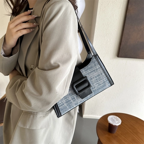 Borsa a Spalla da Donna Retro in Pelle PU Con Cuciture Trama Tweed Borsa Baguette Ascellare Con Grande Fibbia Moda Urbana