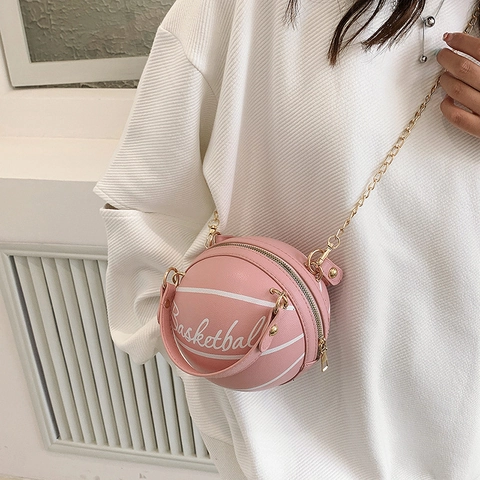 Women Basketball Shaped Shoulder Bag Novelty PU Leather Chain Crossbody Handbag Unique Round Purse Fashion Sporty Style Bag