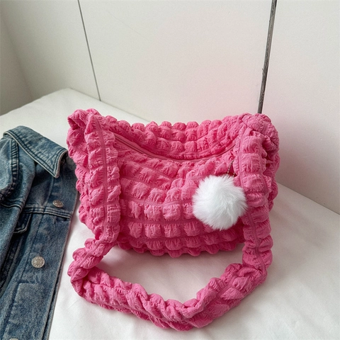 Trendy Ruched Bubble Texture Shoulder Bag For Women Large Capacity Nylon Tote Bag With Plush Ball Pendant Daily Handbag