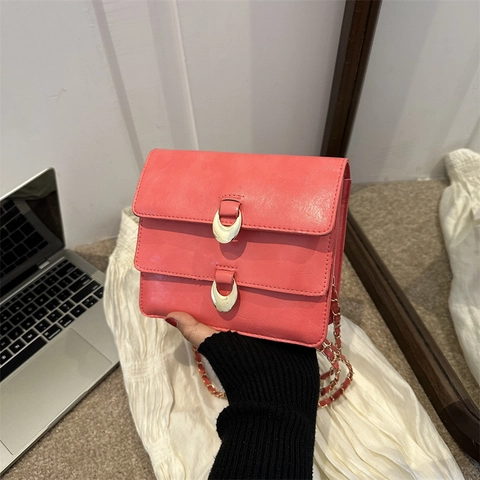 Urban Minimalistische PU Leder Kleine Quadratische Schultertasche Für Damen Mit Doppelten Metallschnallen Und Kettengurt Umhängetasche