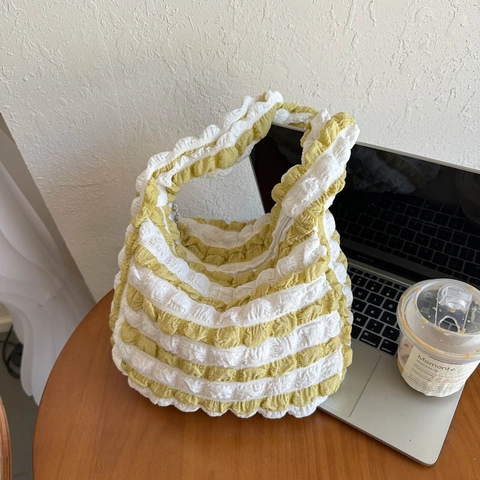 Damen Blasen Plissee Tote Bag Große Kapazität Leichte Nylon Gestreifte Schultertasche Frischer Stil Casual Handtasche Alltag