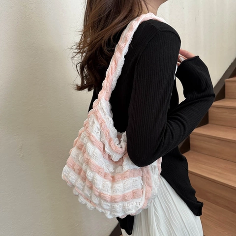 Damen Blasen Plissee Tote Bag Große Kapazität Leichte Nylon Gestreifte Schultertasche Frischer Stil Casual Handtasche Alltag