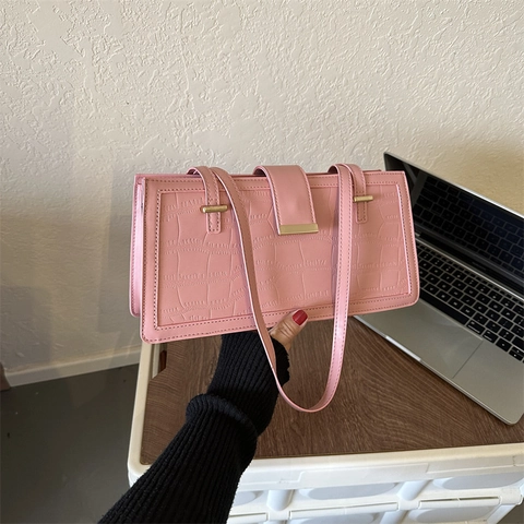 Sac Sous le Bras en Cuir PU à Motif Crocodile pour Femmes Sac à Épaule Rétro Main Couleur Unie Boucle Métallique