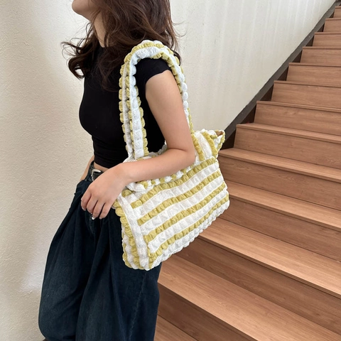 Borsa Tote Capiente in Tessuto Popcorn da Donna Puffy Texture a Bolle a Righe Borsa a Spalla Handbag Moda Casual