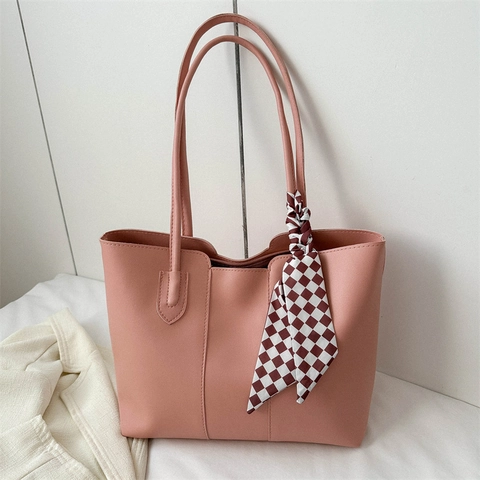 Women Large Capacity PU Leather Tote Bag Minimalist Urban Shoulder Underarm Bag With Decorative Scarf Daily Commuting Bag