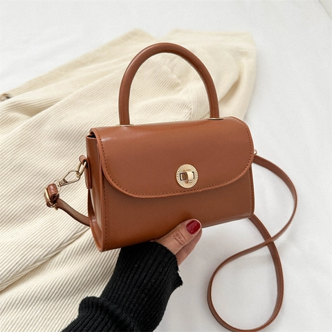 Vintage PU Leather Small Square Crossbody Bag For Women Simple Solid Color Handbag With Metal Turn Lock Flap Shoulder Bag