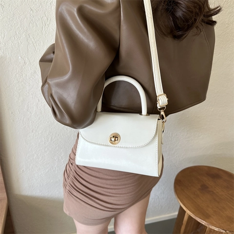 Vintage PU Leather Small Square Crossbody Bag For Women Simple Solid Color Handbag With Metal Turn Lock Flap Shoulder Bag