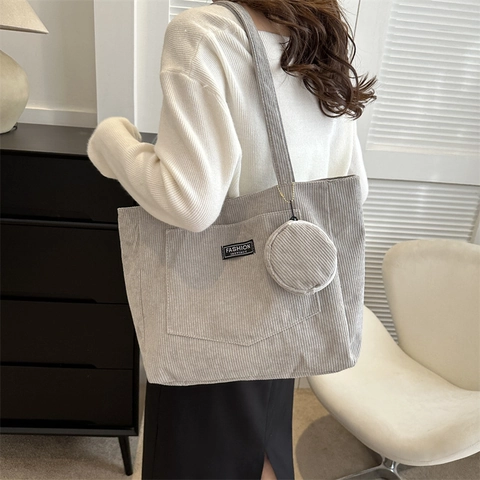 Bolso Tote de Pana para Mujer Gran Capacidad Color Sólido Bolso de Hombro Con Neceser Redondo Retro Casual Minimalista