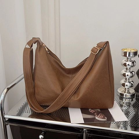 Vintage PU Leather Large Capacity Tote Shoulder Bag For Women Urban Minimalist Commuter Office Casual Daily Solid Color Bag