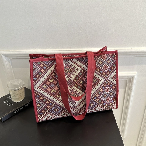 Ethno Geometrische Muster Große Kapazität Nylon Tote Bag Damen Casual Fashion Jacquard Gewebte Schulter Handtasche Reise Tasche
