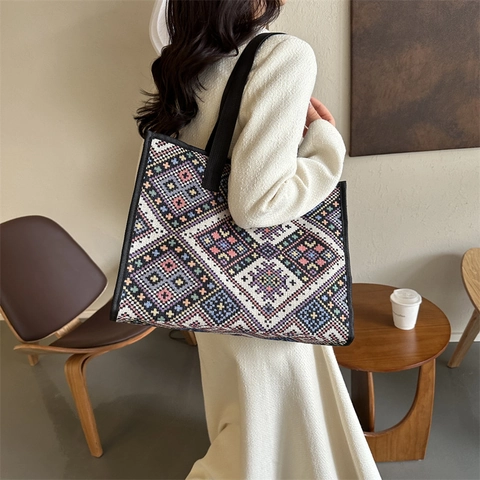 Ethno Geometrische Muster Große Kapazität Nylon Tote Bag Damen Casual Fashion Jacquard Gewebte Schulter Handtasche Reise Tasche