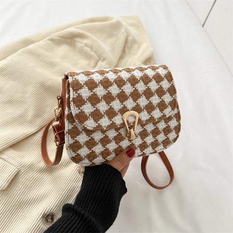Piccola Borsa Quadrata in Tweed di Lana Pied de Poule da Donna Borsa a Tracolla in Pelle PU Con Chiusura in Metallo Autunno Inverno