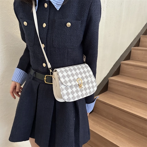 Piccola Borsa Quadrata in Tweed di Lana Pied de Poule da Donna Borsa a Tracolla in Pelle PU Con Chiusura in Metallo Autunno Inverno