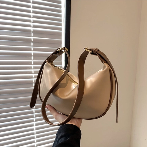 Bolso Hobo De Media Luna De Cuero PU Retro Para Mujer Bolso De Axila Casual Color Sólido Contraste Bolso De Hombro De Moda