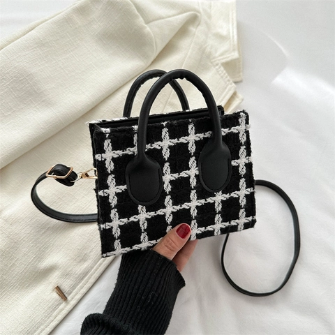 Élégant Sac à Épaule en Tweed à Carreaux pour Femmes Sac à Main Carré Rétro Petit avec Poignées en Cuir PU