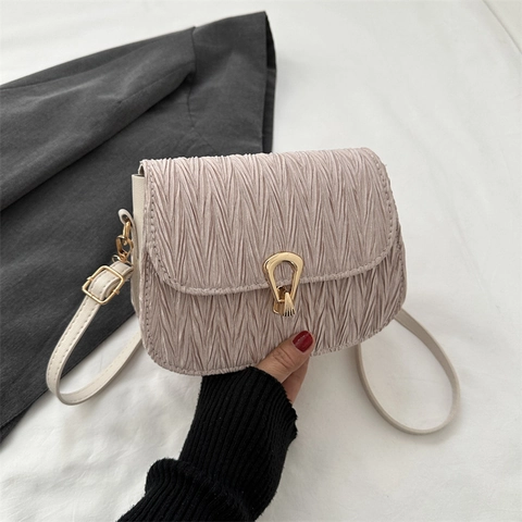 Ruched Pleated PU Leather Small Square Crossbody Shoulder Bag For Women Fashion Solid Color Purse With Metal Lock Closure