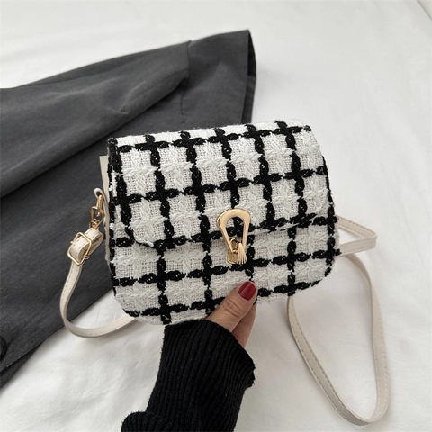 Women's Plaid PU Shoulder Bag Elegant Plaid Pattern Small Square Bag With Metal Lock Crossbody Daily Leisure Purse