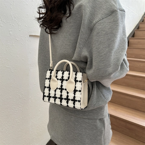 Élégant Sac à Épaule en Tweed à Carreaux pour Femmes Sac à Main Carré Rétro Petit avec Poignées en Cuir PU