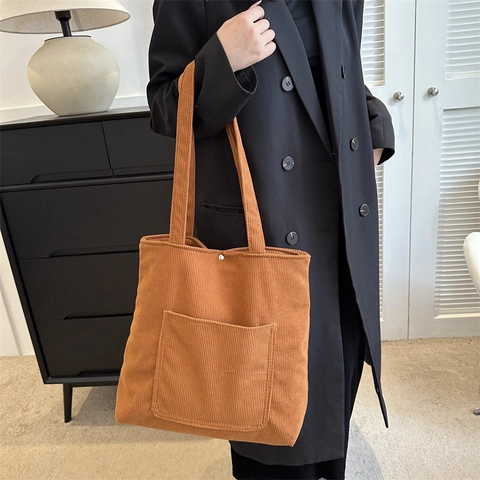 Women Corduroy Tote Bag Large Capacity Vintage Casual Shoulder Bag Solid Color Literary Mori Style Daily Commute Handbag