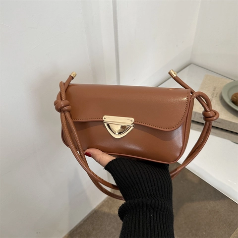 Vintage Minimalist PU Leather Underarm Bag For Women Urban Fashion Triangle Lock Shoulder Bag Solid Color Square Baguette Bag